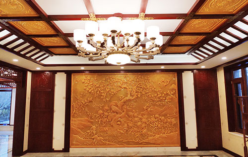 皇桐镇中式别墅客厅中式木作横梁吊顶装饰展示