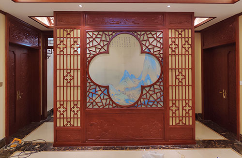 皇桐镇会所室内装修中式仿古实木屏风隔断展示